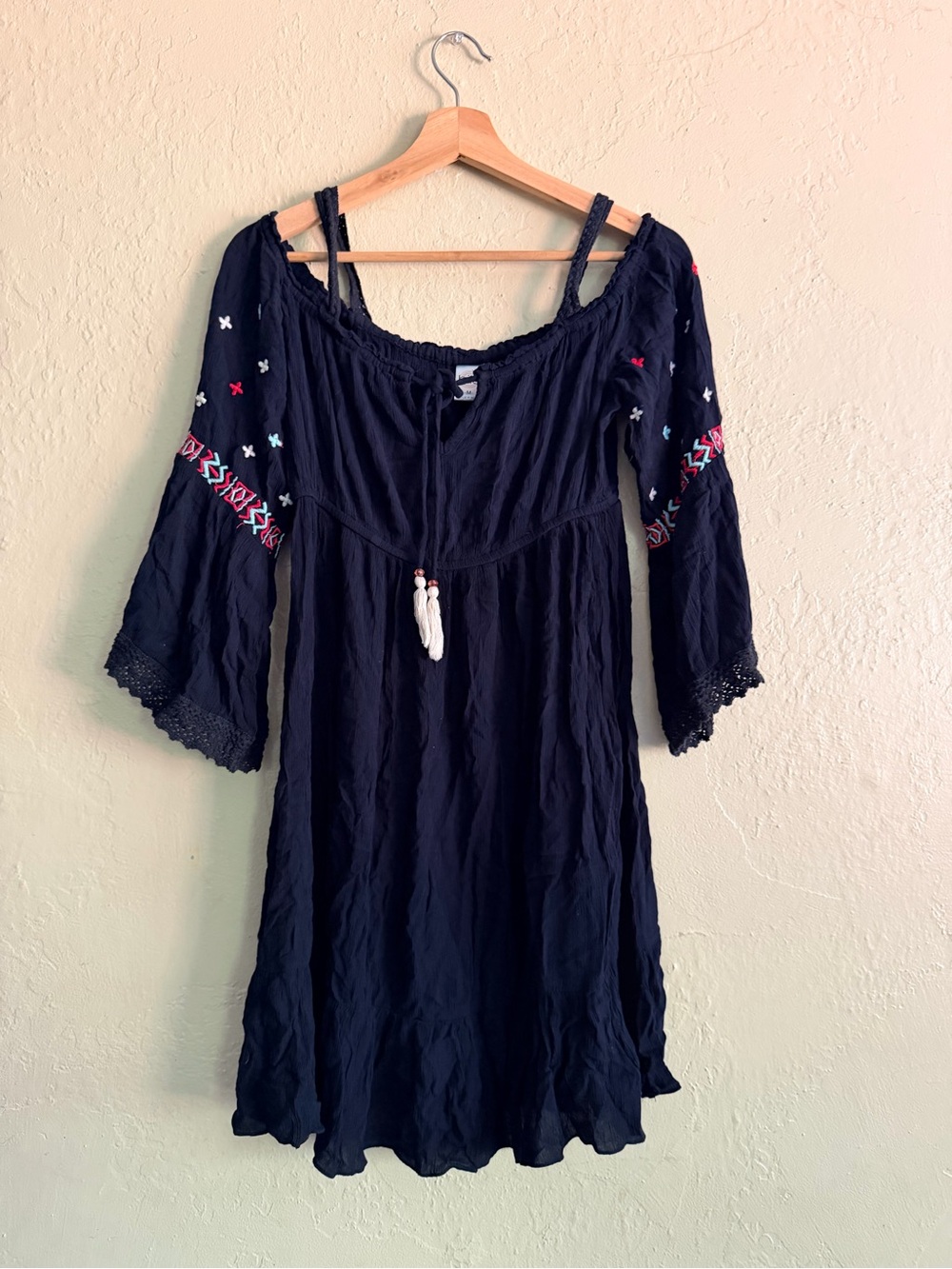 Bila Navy Off-Shoulder Embroidered Mini Dress